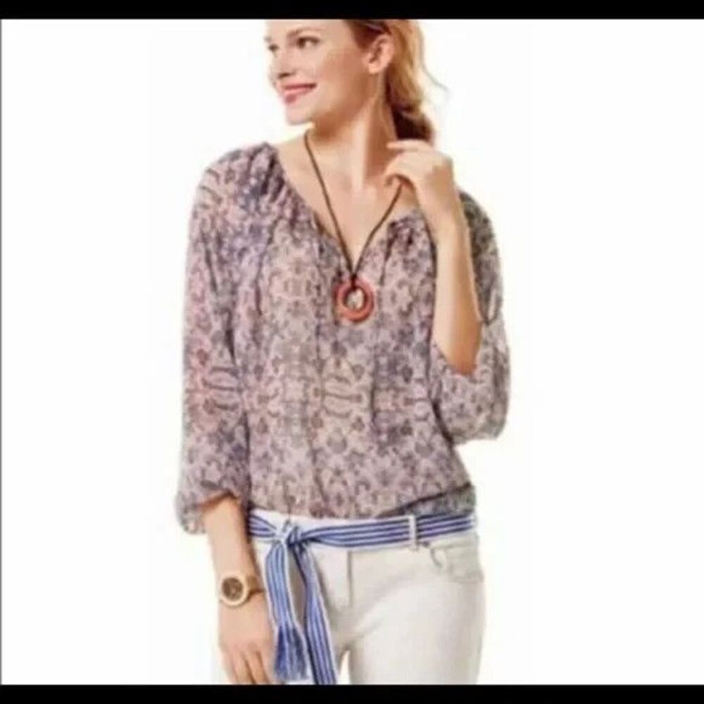 Women's CAbi #5028 Siena Floral Chiffon Boho Tie Front Long Sleeve Blouse Small